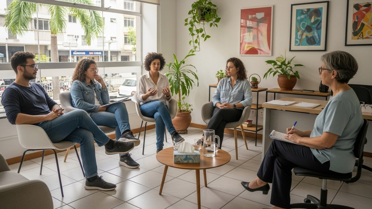 pessoas debatendo em atendimento psicológico
