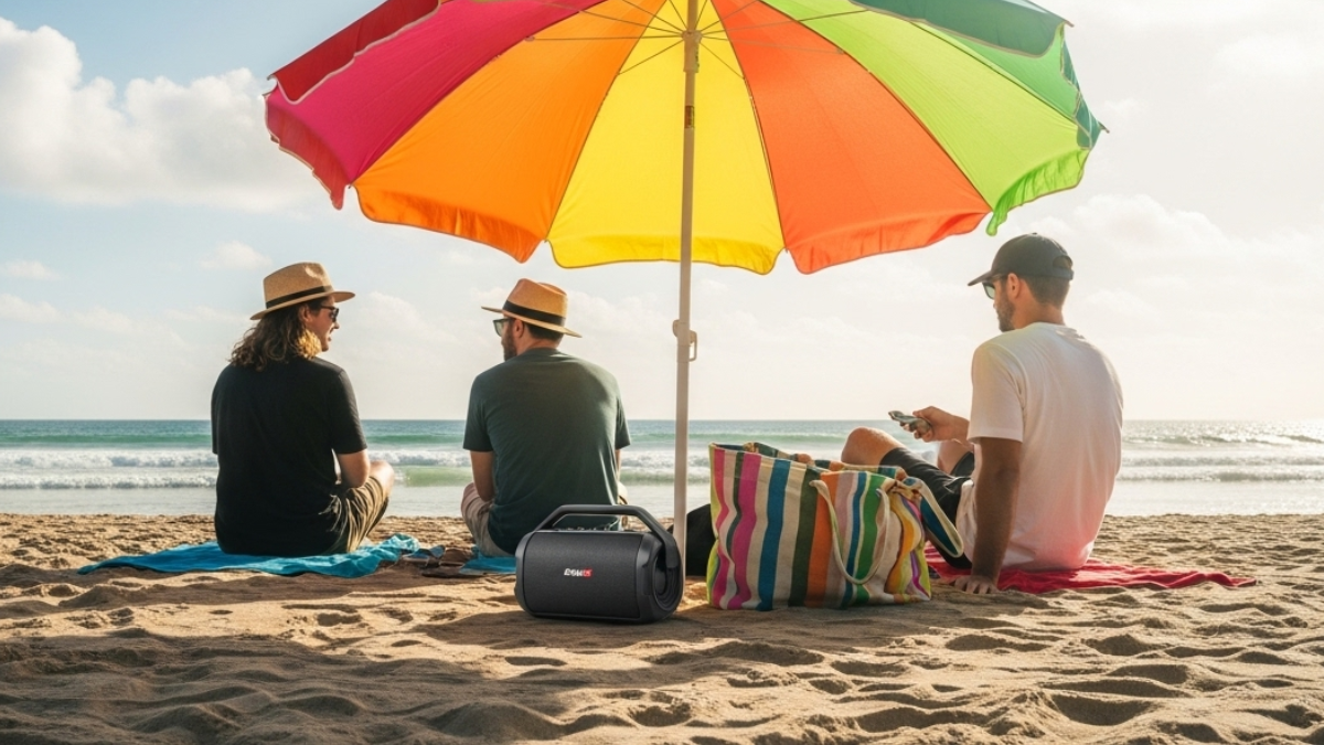 pessoas embaixo de um sombreiro na praia ouvindo música
