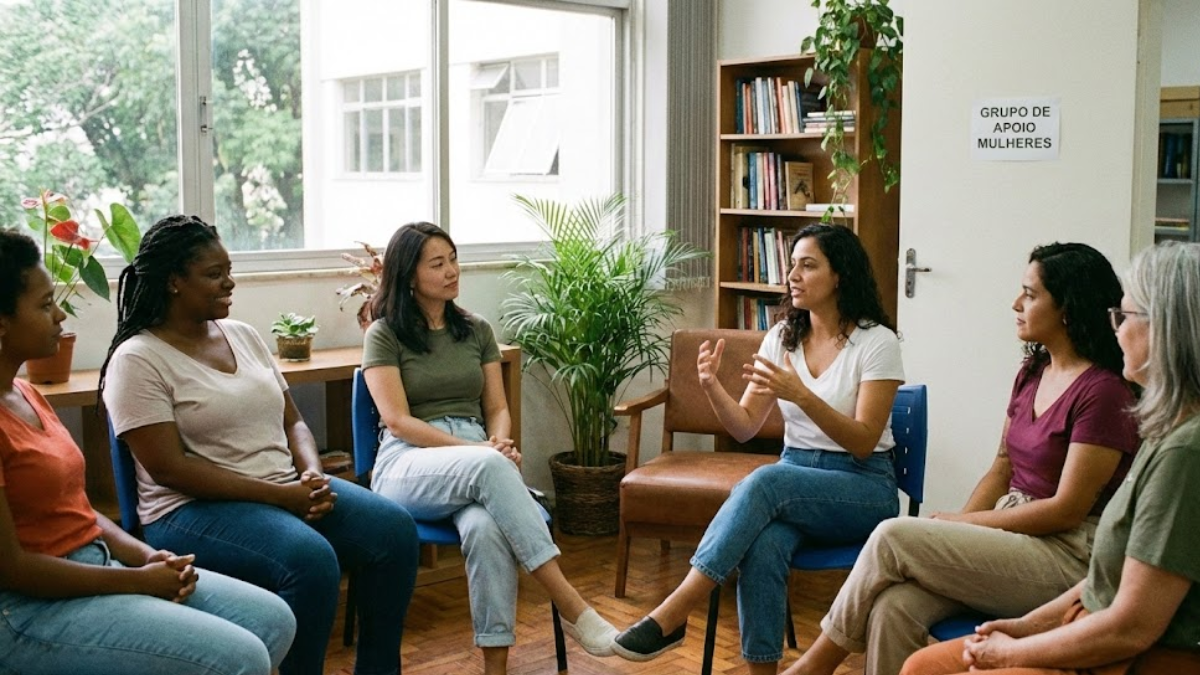 grupo de mulheres em roda de conversa de apoio num ambiente interno
