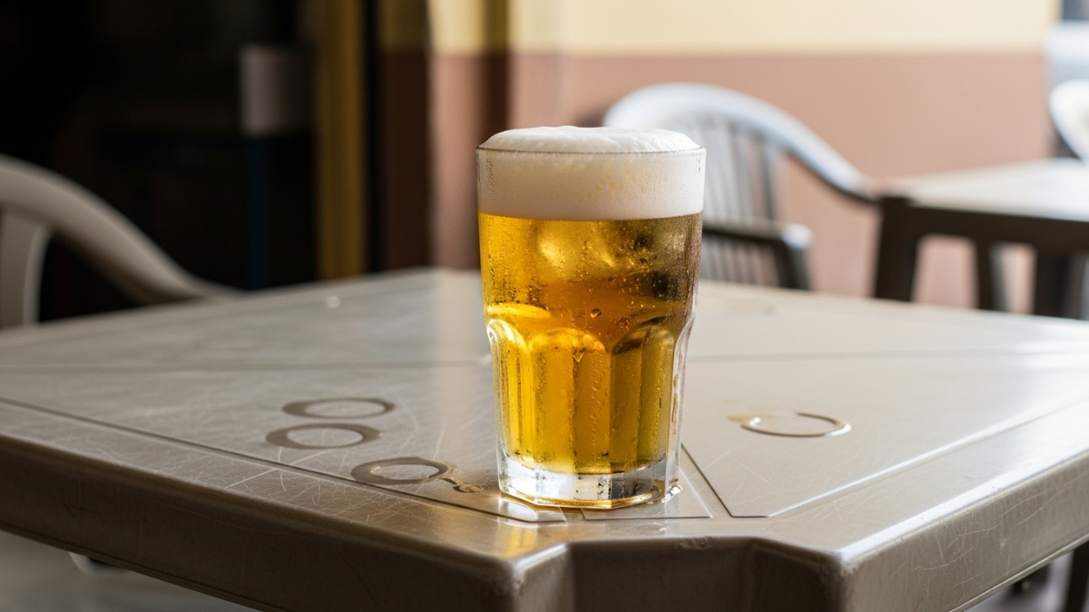 copo cheio de cerveja sobre mesa de plástico