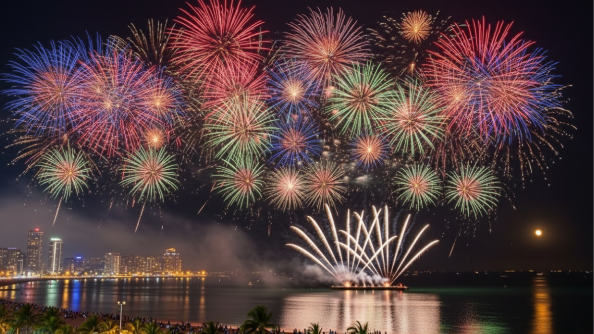 queima de fogos coloridos sobre o mar
