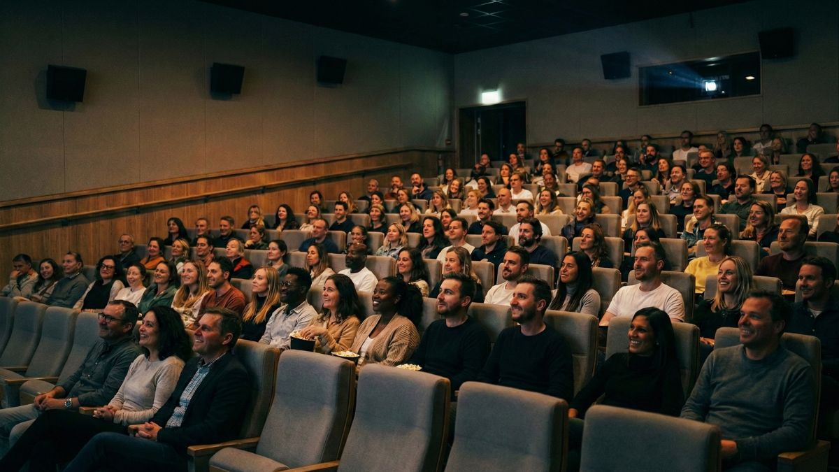 sala de cinema com público durante exibição de filme.