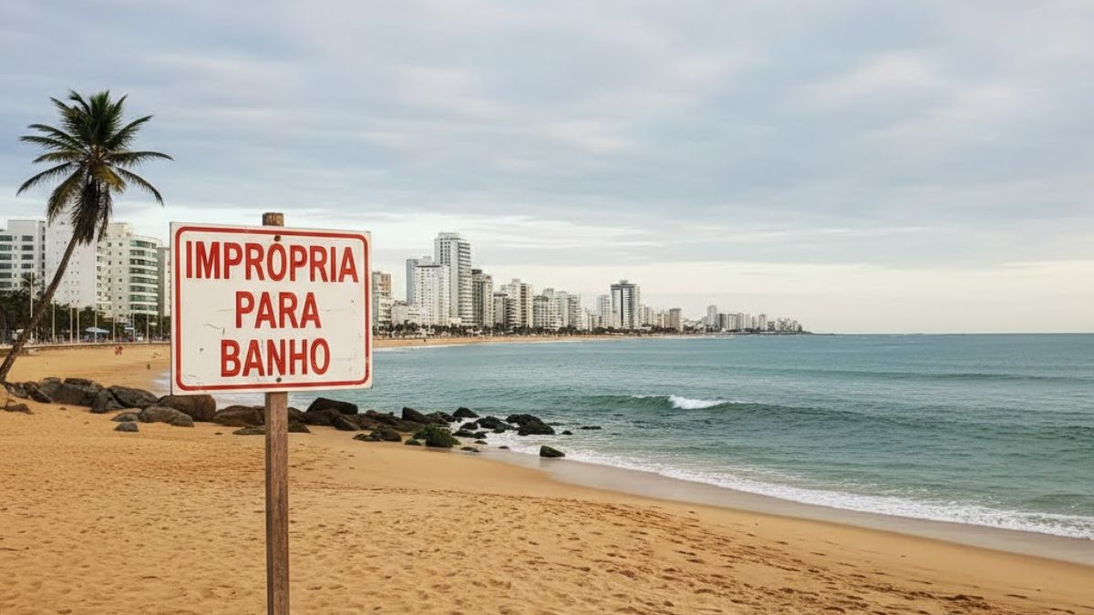 praia vazia com placa escrito "imprópria para banho"