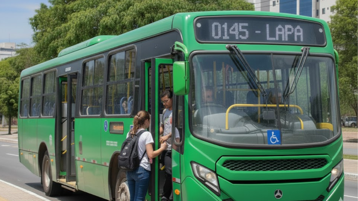 ônibus verde coletando passageiros.