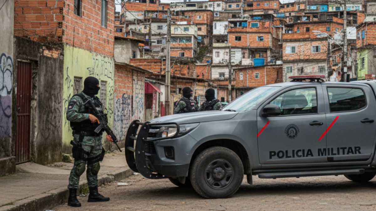 policiais de balaclava junto a viatura numa favela