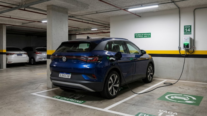 veículo elétrico em carregamento num prédio de estacionamento