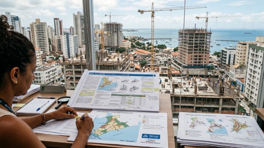 servidor público com projetos de urbanização sobre a mesa em frente a janela com vista para construções